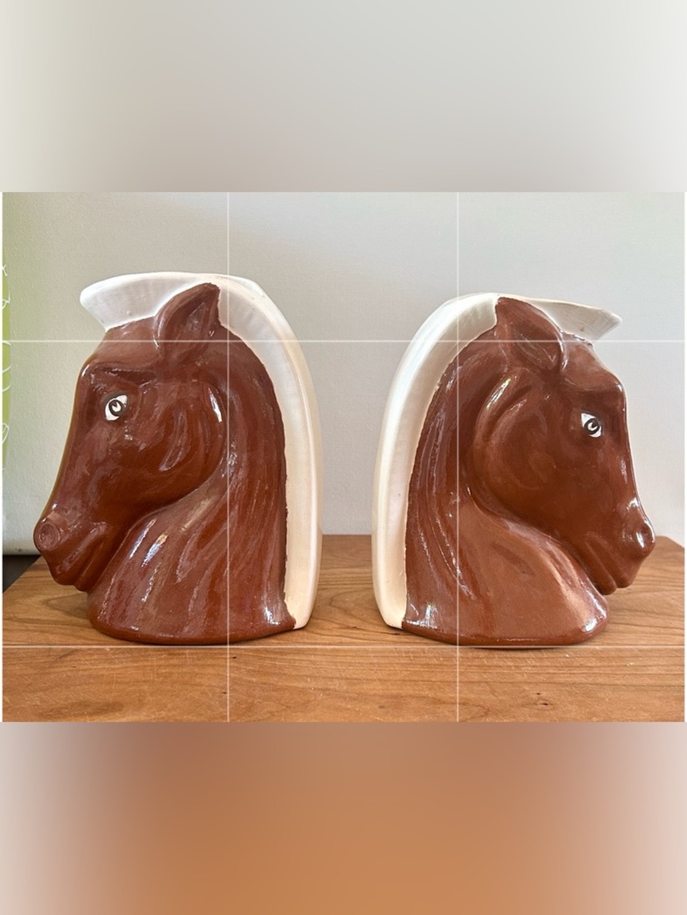 Vintage Handpainted Studio Pottery Pair Horse Head Figures/Planter/Bookends 6.3”
